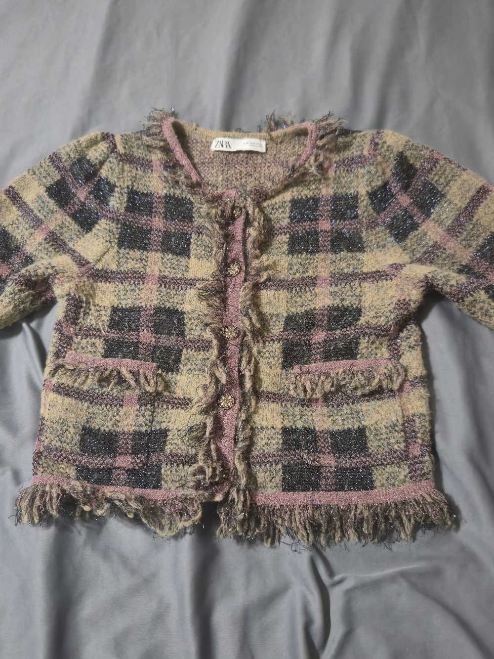 Zara plaid tweed knit cardigan top sweater fringe Small jewel button Lady Jacket